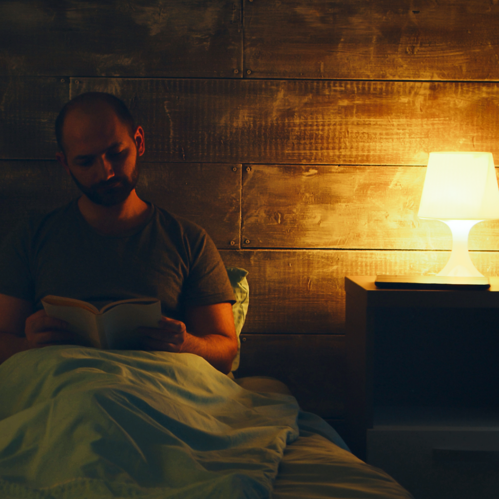 Man reading in bed under dim light, establishing a steady bedtime routine after baby loss